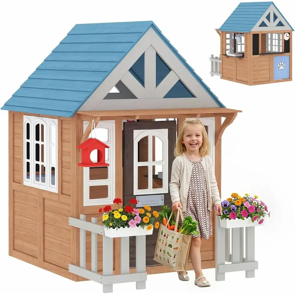 Qaba Kids Outdoor Playhouse - カバ屋外プレイハウス（ペット用ドア付き）、木製キッズプレイハウス（プレイキッチン、メールボックス、ドア、バードハウス、窓付き）