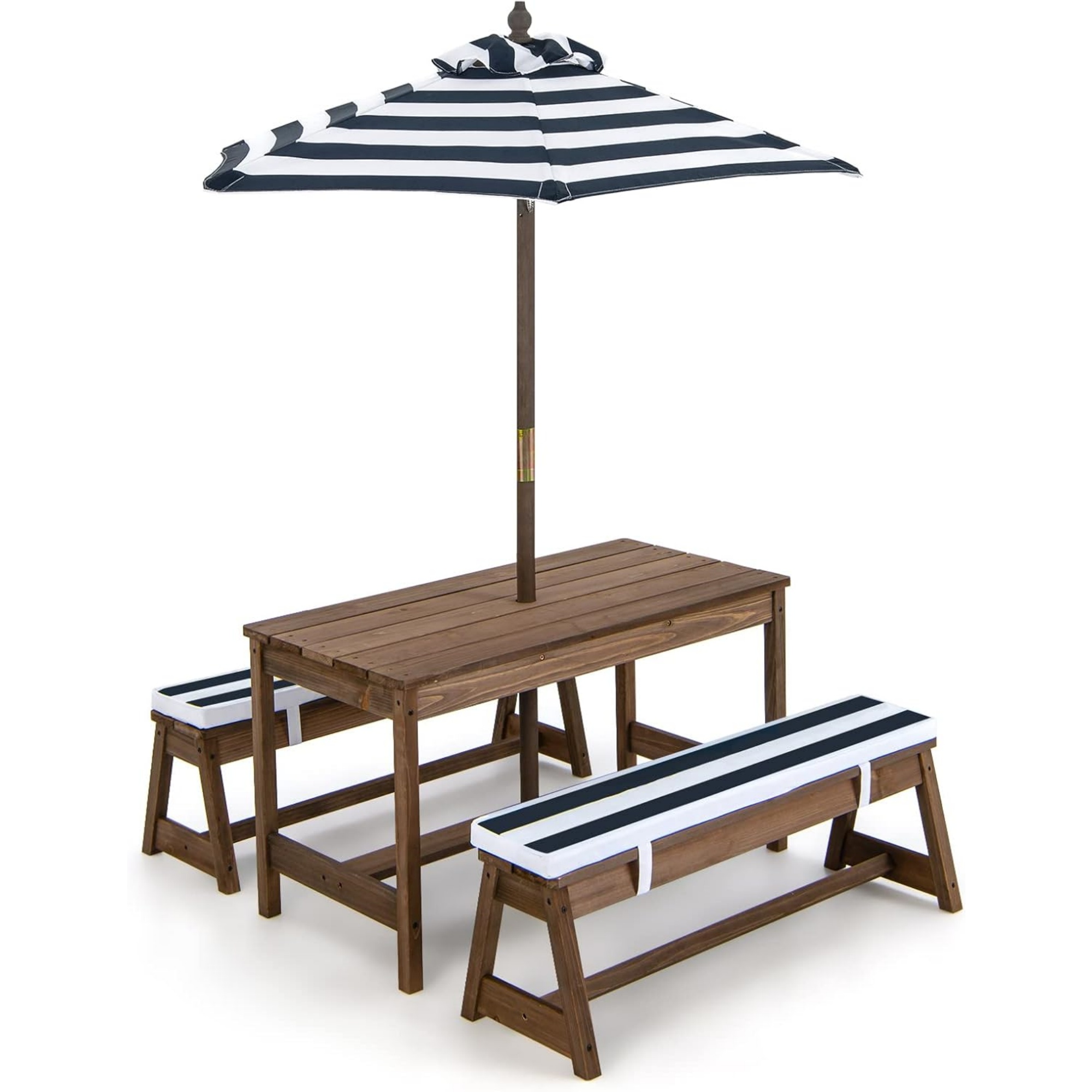 Kids Outdoor Table With Umbrella - 子供用ピクニックテーブル（傘付き、折りたたみ式）、裏庭用木製テーブル＆ベンチセット（取り外し可能なクッション付き）、アクティビティ・アート・プレイテーブル、屋内外兼用幼児用ピクニックテーブル（パティオ、芝生、庭用）（ブルー）