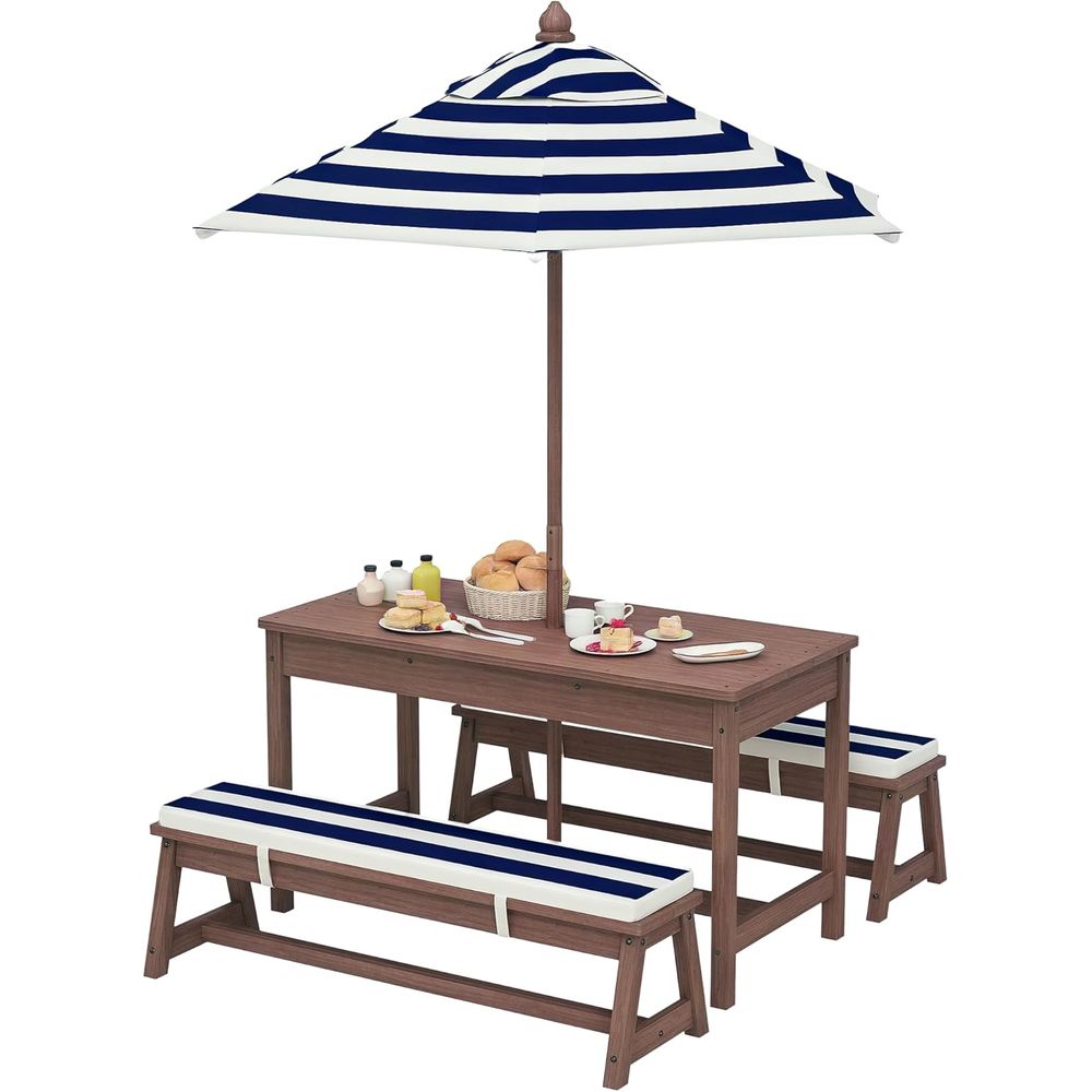 Kids Outdoor Bench With Umbrella - Qaba キッズピクニックテーブル、屋外木製テーブル＆ベンチセット（クッションと傘付き）、子供用裏庭家具またはパティオ、庭用