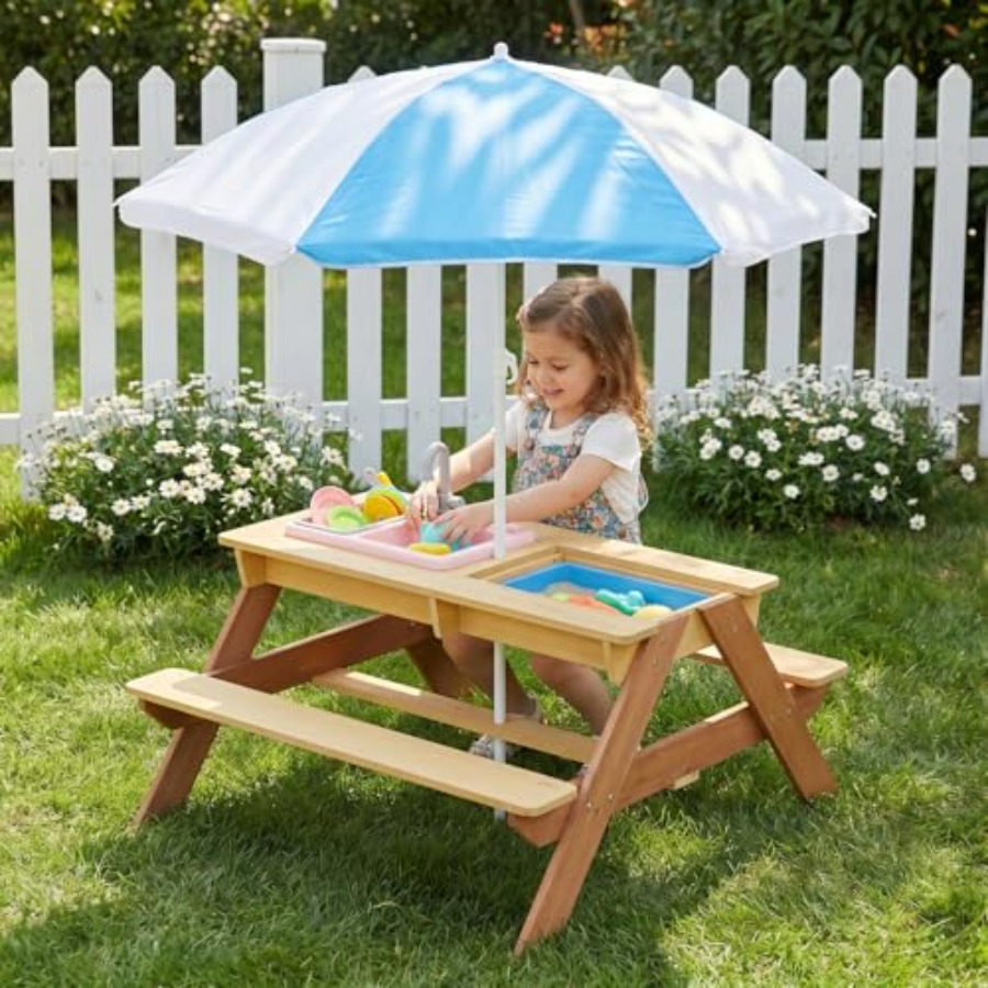 Kids Outdoor Table With Umbrella - 屋外用子供用ピクニックテーブル（傘付き）、木製砂場・水遊びテーブル（取り外し可能な天板付き）、遊び用シンク、プラスチック製収納ボックス、4人用