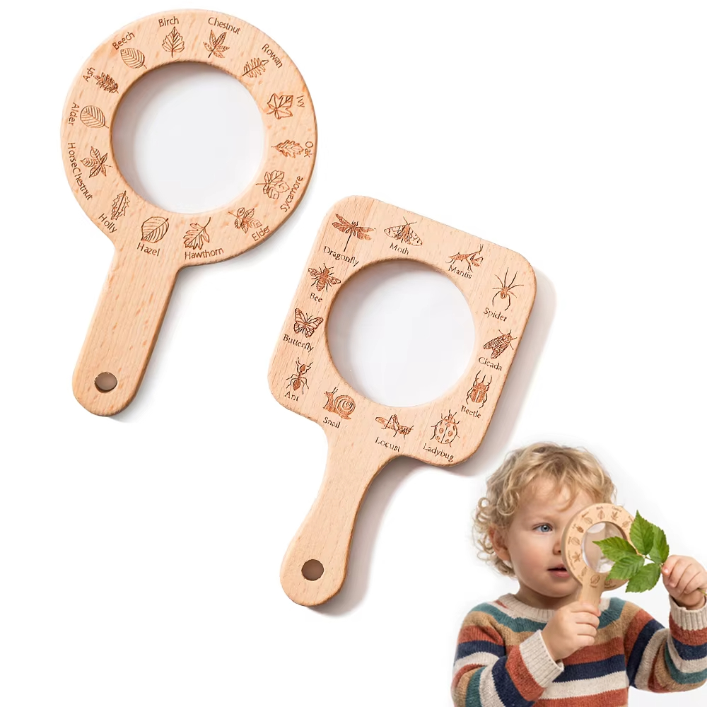 Kids Outdoor Nature Toys - 子供用木製拡大鏡 自然観察 昆虫や葉っぱの滑らかな表面 屋外探検 STEM学習ギフト おもちゃ