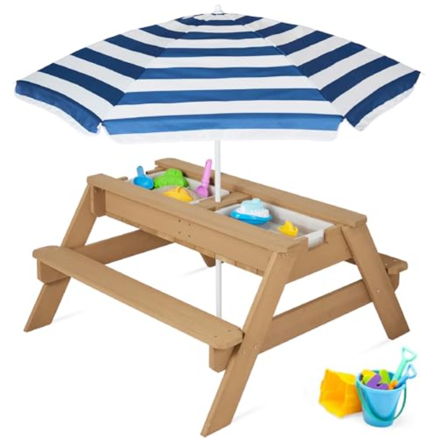 Kids Outdoor Table With Umbrella - 屋外用子供用ピクニックテーブル（傘付き）、3-in-1砂場・水遊びテーブル、ネイビーブルーのプラスチック製、4人掛け、取り外し可能な天板、バケツ2個付き
