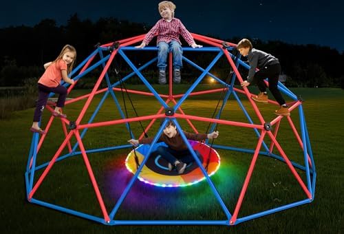 Kids Outdoor Jungle Gym - Clim Dome スイングセット LED ソーサースイング付き、子供用ジャングルジム、屋外裏庭用、耐荷重 800