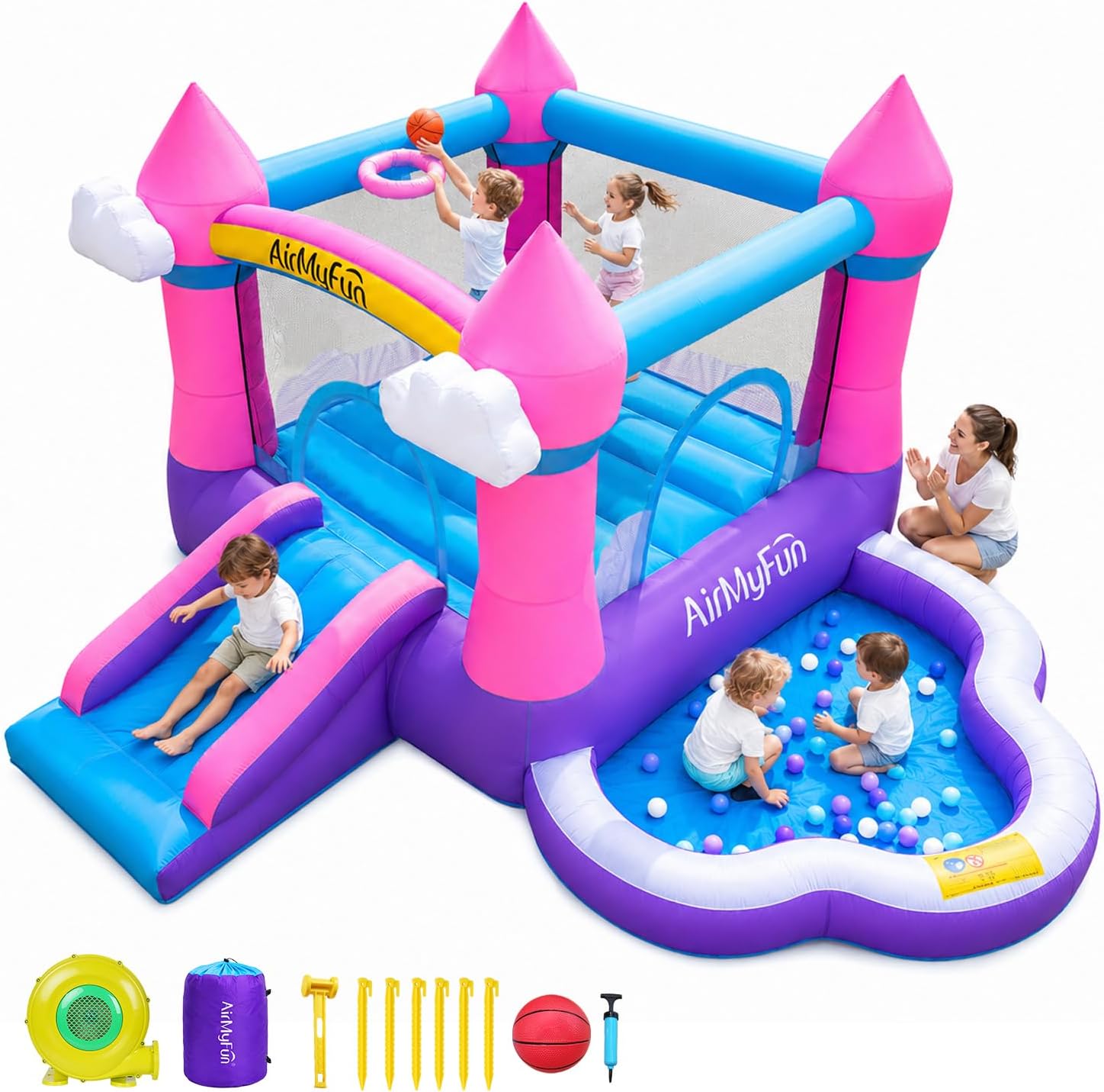 Kids Outdoor Pool - ピンクの屋内外兼用インフレータブルバウンスハウス（3～8歳向け）- スライド、送風機、水プール、ボールピット付きのバウンシーキャッスル