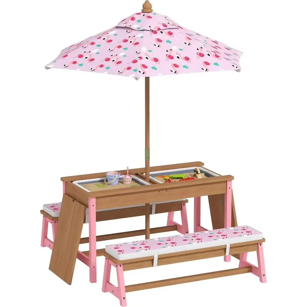Kids Outdoor Table With Umbrella - 木製ピクニックテーブルセット、傘、クッション、収納ボックス付き、子供用ラミンゴテーマの屋外家具、ピンク