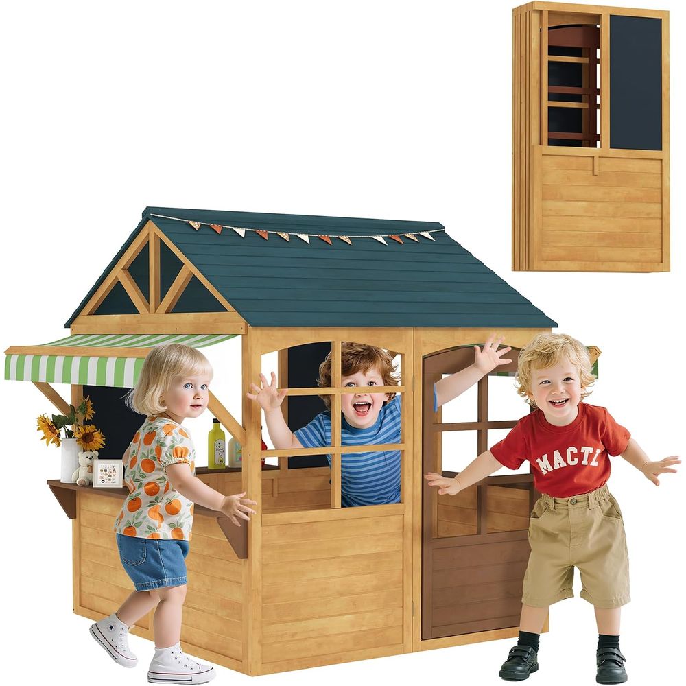 Qaba Kids Outdoor Playhouse - Qaba 折りたたみ式屋外プレイハウス（窓付き、3〜8歳のお子様向け、ブラウン） | 木製キッズコテージ、開閉可能なドア、スナックバー、防水仕様