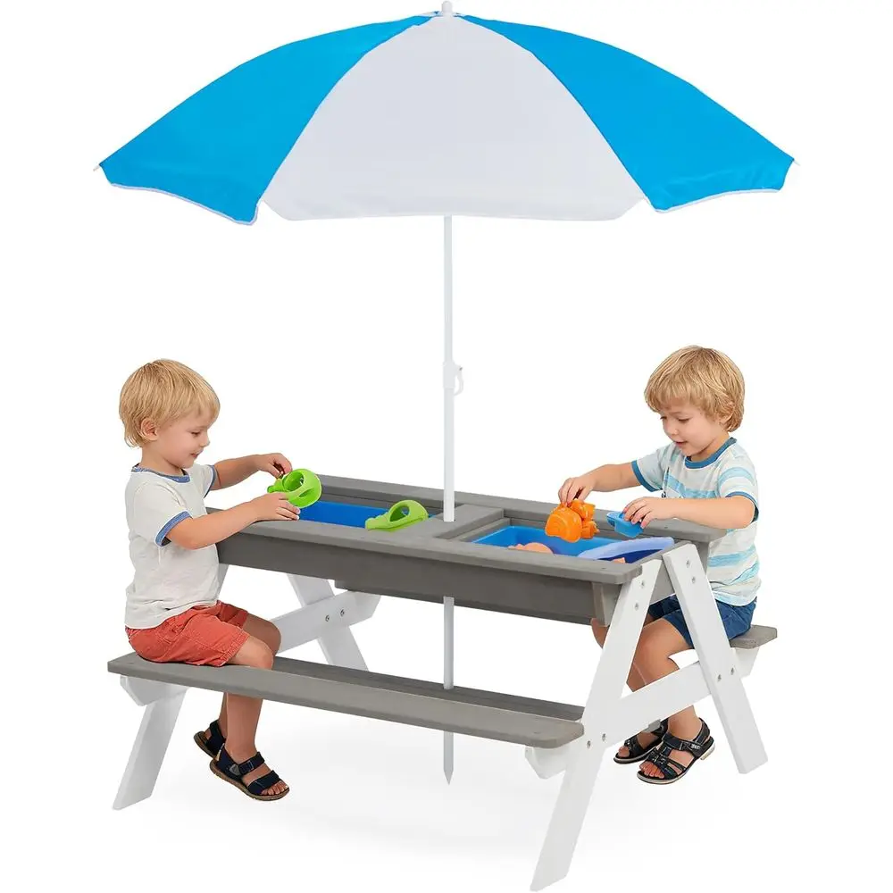 Kids Outdoor Table With Umbrella - 子供用3-in-1木製ピクニックテーブル、屋外砂場・水遊び用、4人掛け、傘付き