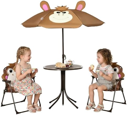 Kids Outdoor Table With Umbrella - キッズテーブル＆チェアセット ピクニックテーブル傘 ブラウンモンキー | 屋外折りたたみ式ガーデン家具、パティオ裏庭用