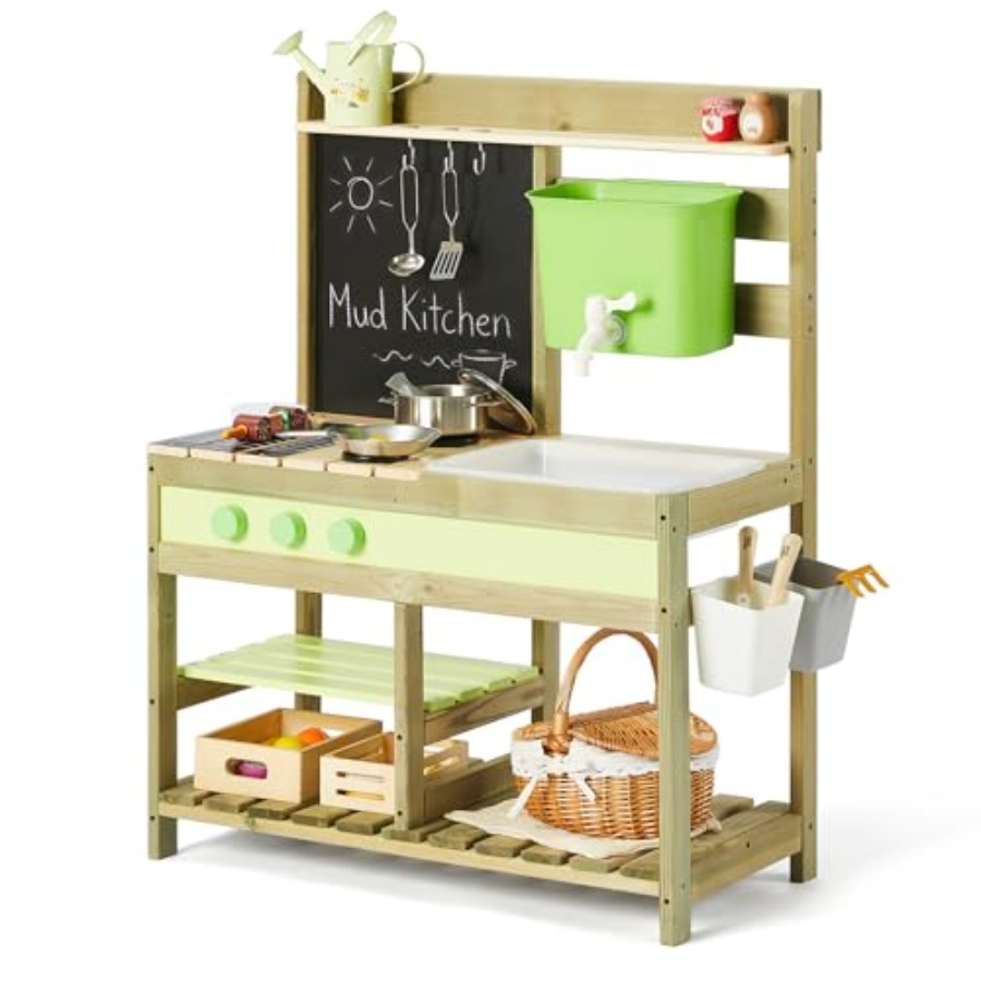 Kids Outdoor Mud Table - 子供用屋外泥遊びキッチン：天然木色の木製プレイセット、4.8L水槽付きシンク、砂と水遊びテーブルのおもちゃ、耐久性あり