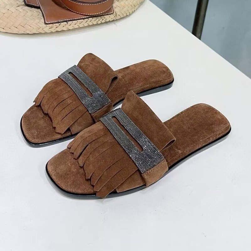 Kids Outdoor Shoes - メタルストリングビーズ装飾キッズスエードタッセルフラットボトムスリッパ女性オープントゥレイジーサンダルレディースサマーアウトドアバケーションシューズ