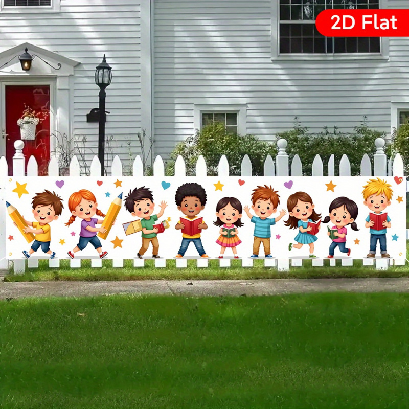Kids Outdoor Fence - VIKAMA バックトゥスクールヤードバナー 2D フラットキッズ鉛筆ブックプリント屋外ガーデンフェンス吊り下げ背景幕学校パーティー装飾
