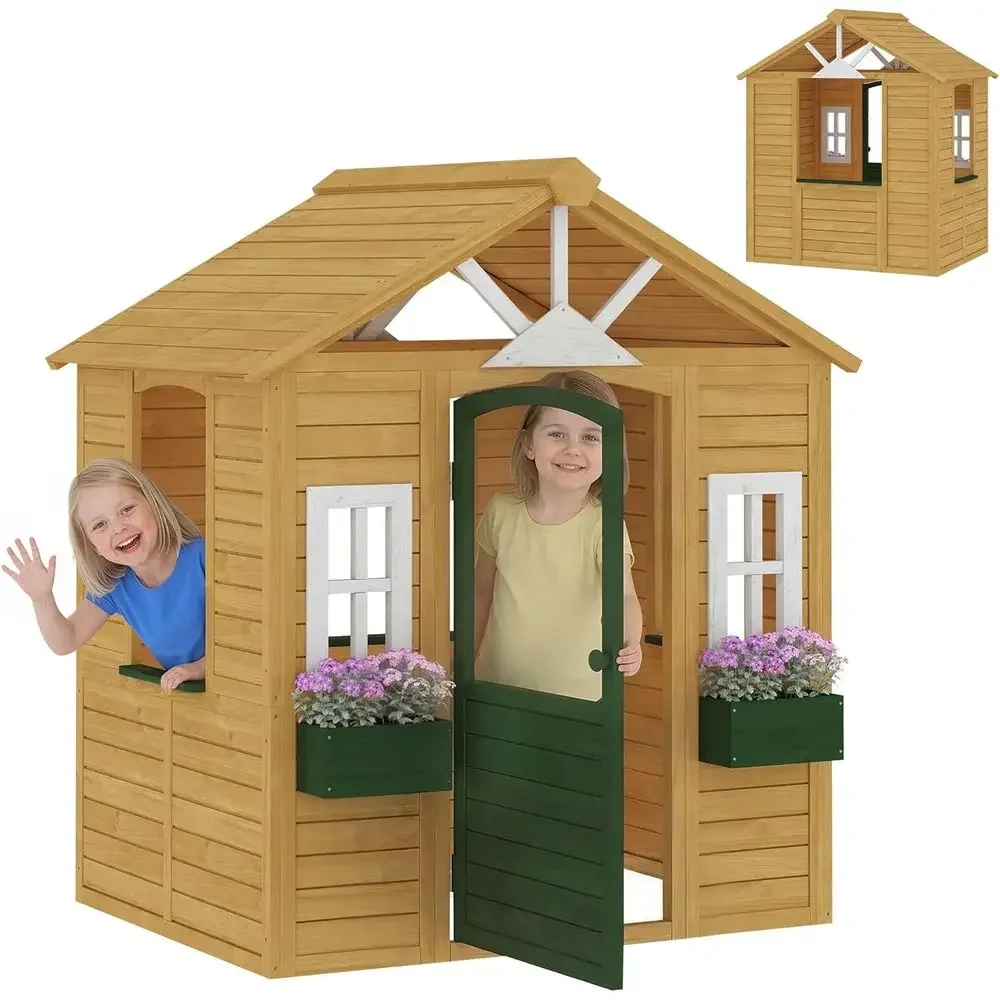 Qaba Kids Outdoor Playhouse - カバ屋外プレイハウス、木製キッズプレイハウス（開閉式ドア、3つの窓、2つの下部ボックス付き）、キッズコテージまたは裏庭ガーデン、I