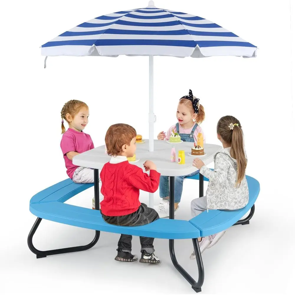 Kids Outdoor Bench With Umbrella - 8人用子供用ピクニックテーブル、傘付き、幼児用アクティビティテーブル、ベンチ4脚、HDPE天板＆金属フレーム、屋外パティオガーデンバックヤード用
