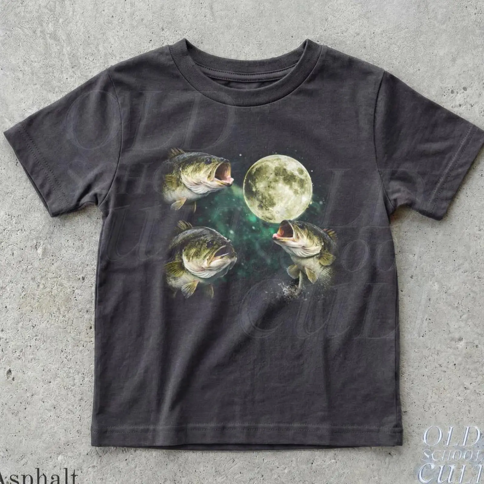 Kids Outdoor Fort Ideas - バスフィッシングキッズTシャツ フィッシュムーンアングラー ユース・トドラー アニマルトップ アウトドアイデア ヴィンテージウォッシュド