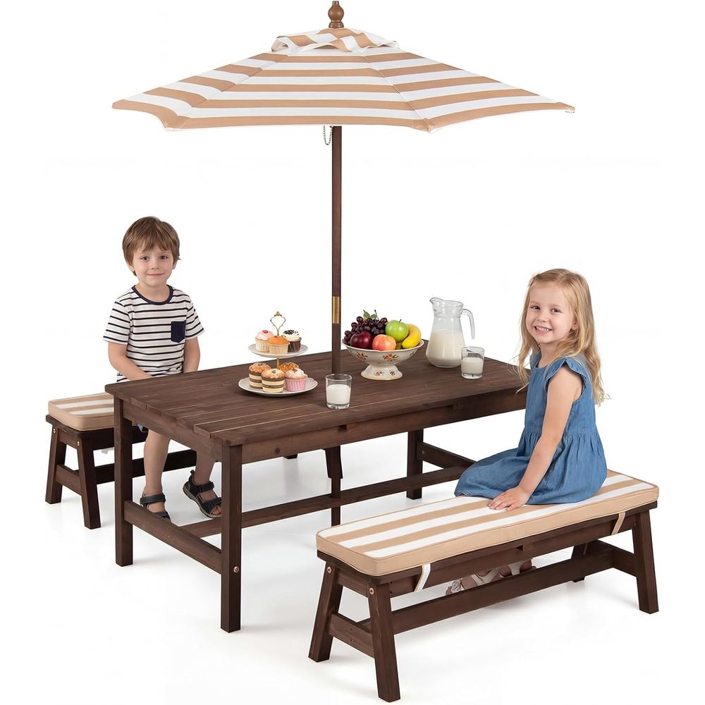 Kids Outdoor Table With Umbrella - キッズピクニックテーブル、IRウッド幼児用屋外テーブル＆ベンチセット、取り外し可能な傘とクッション付き、ストライプ柄、子供用屋外家具