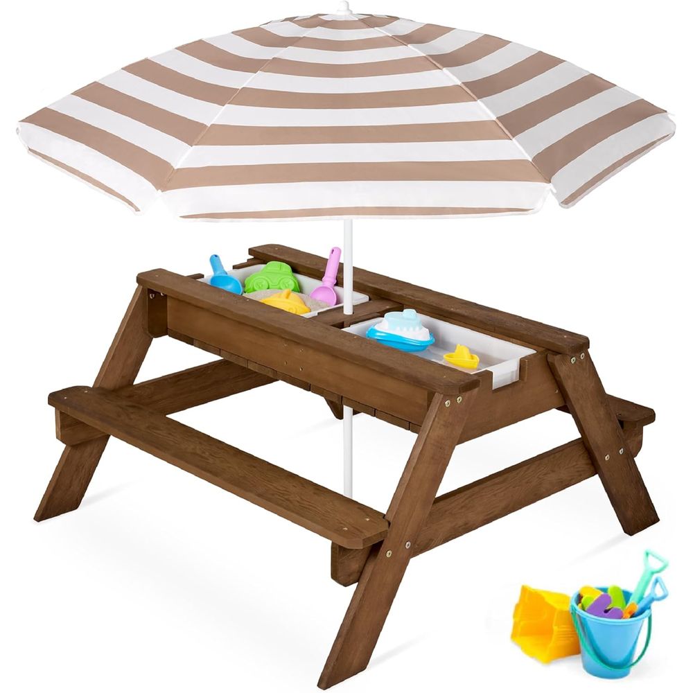 Kids Outdoor Water Table - 子供用ピクニックテーブル（傘付き）、3-in-1砂場＆水遊びテーブル、屋外用変形ピクニックテーブル（幼児用）、4人掛け、取り外し可能な天板