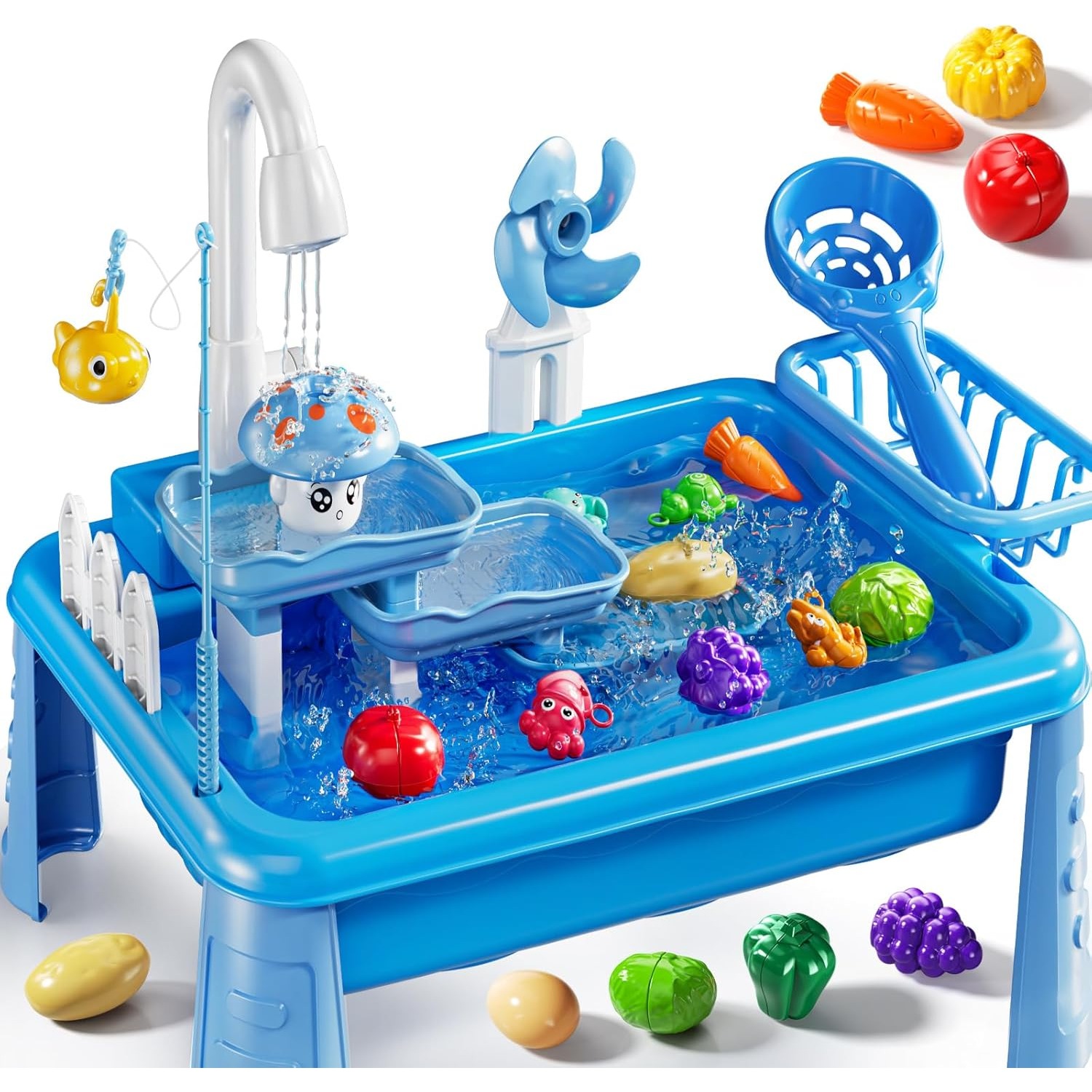 Kids Outdoor Water Table - 子供用ウォーターテーブル遊び場シンクおもちゃ、流水付き屋外キッチン、釣りゲーム、幼児用水遊びテーブル、ビーチ屋外おもちゃ
