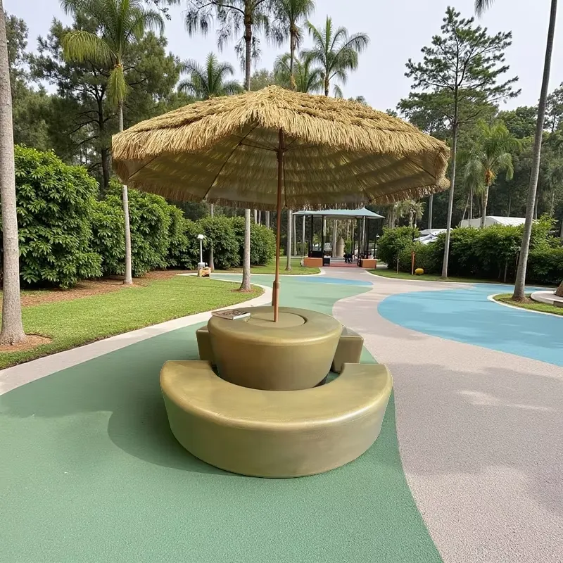 Kids Outdoor Table With Umbrella - モダンな屋外用丸テーブルと椅子セット、防水傘、耐久性のある木目調プラスチックベンチ（子供用ピクニック＆アウトドア向け）
