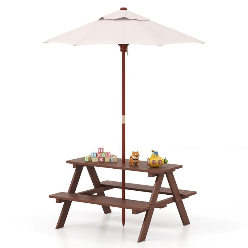 Kids Outdoor Table With Umbrella - 屋外用4人掛け子供用ピクニックテーブルベンチセット（取り外し可能な傘付き）