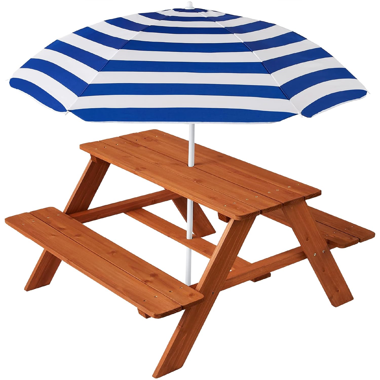 Kids Outdoor Table With Umbrella - 木製キッズピクニックテーブル（傘付き）、屋外アクティビティテーブルセット（組み込みベンチ付き）、ベンチ1台あたり耐荷重220ポンド、カスタマイズ可能