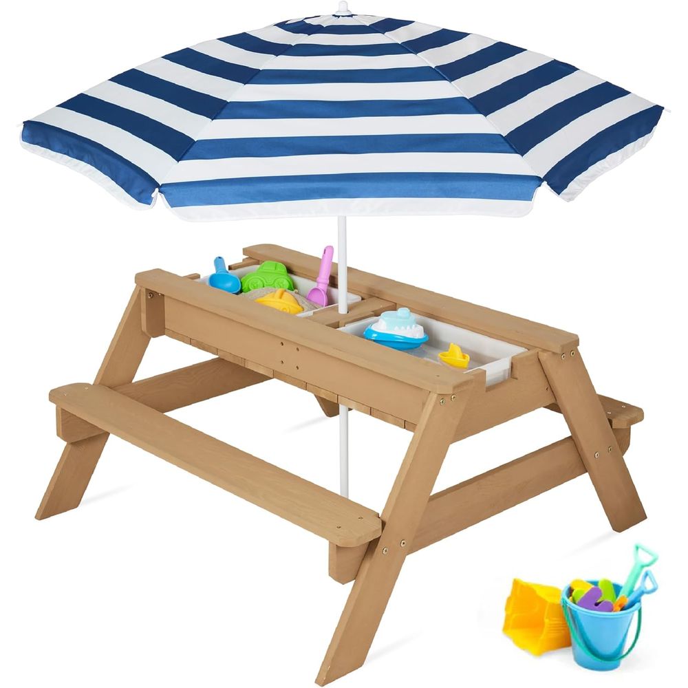 Kids Outdoor Table With Umbrella - 子供用ピクニックテーブル（傘付き）、3-in-1砂場＆水遊びテーブル、屋外用変形ピクニックテーブル（幼児用）、4人掛け、取り外し可能な天板
