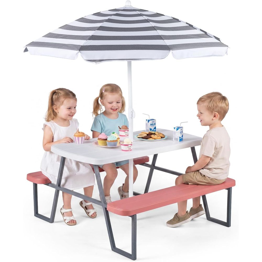 Kids Outdoor Table With Umbrella - 子供用ピクニックテーブル、幼児用屋外テーブル＆ベンチセット（取り外し可能な傘付き）、HDPEテーブルトップ、金属製、子供用屋外家具またはP