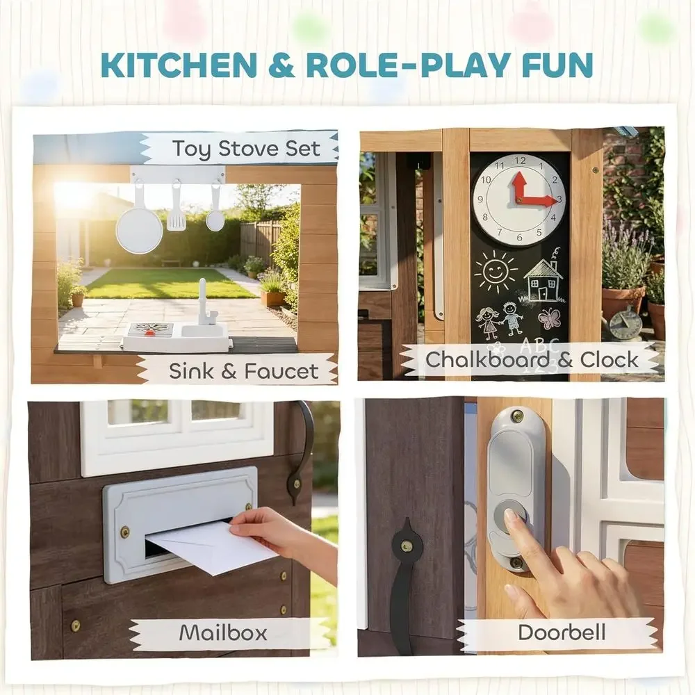 カバ屋外プレイハウス（ペット用ドア付き）、木製キッズプレイハ - Qaba Kids Outdoor Playhouse のレビューと価格