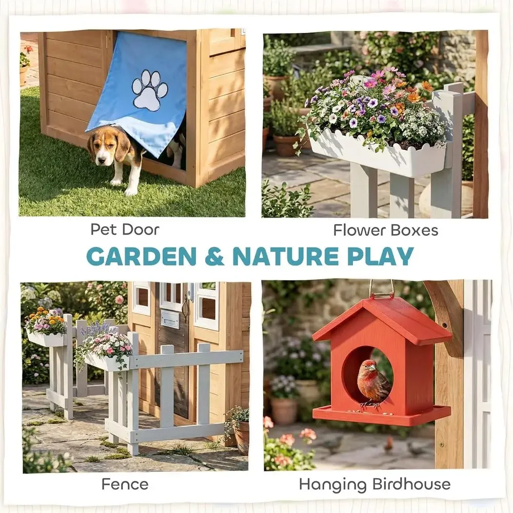 カバ屋外プレイハウス（ペット用ドア付き）、木製キッズプレイハ - Qaba Kids Outdoor Playhouse のレビューと価格