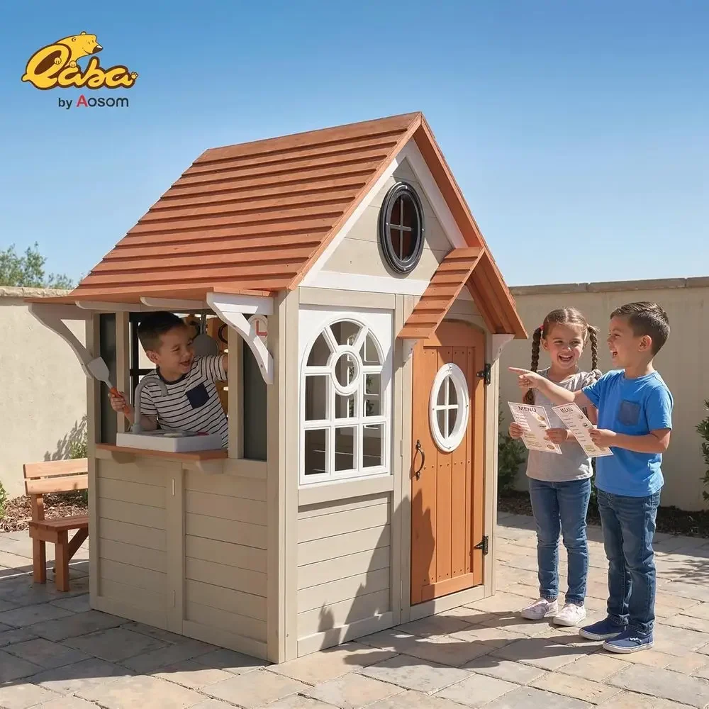 カバ屋外プレイハウス、犬用ドア付き木製キッズプレイハウス、調 - Qaba Kids Outdoor Playhouse のレビューと価格