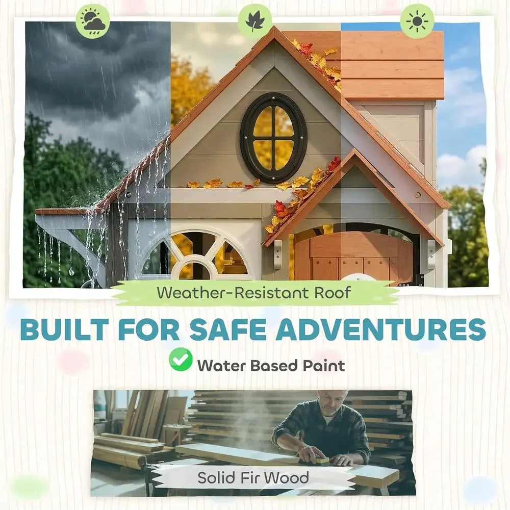 カバ屋外プレイハウス、犬用ドア付き木製キッズプレイハウス、調 - Qaba Kids Outdoor Playhouse のレビューと価格