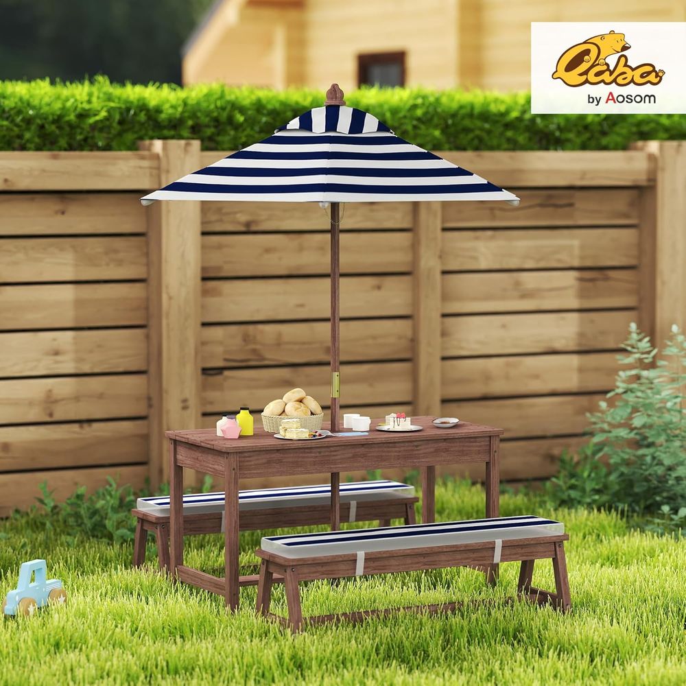Qaba キッズピクニックテーブル、屋外木製テーブル＆ベンチ - Kids Outdoor Bench With Umbrella のレビューと価格
