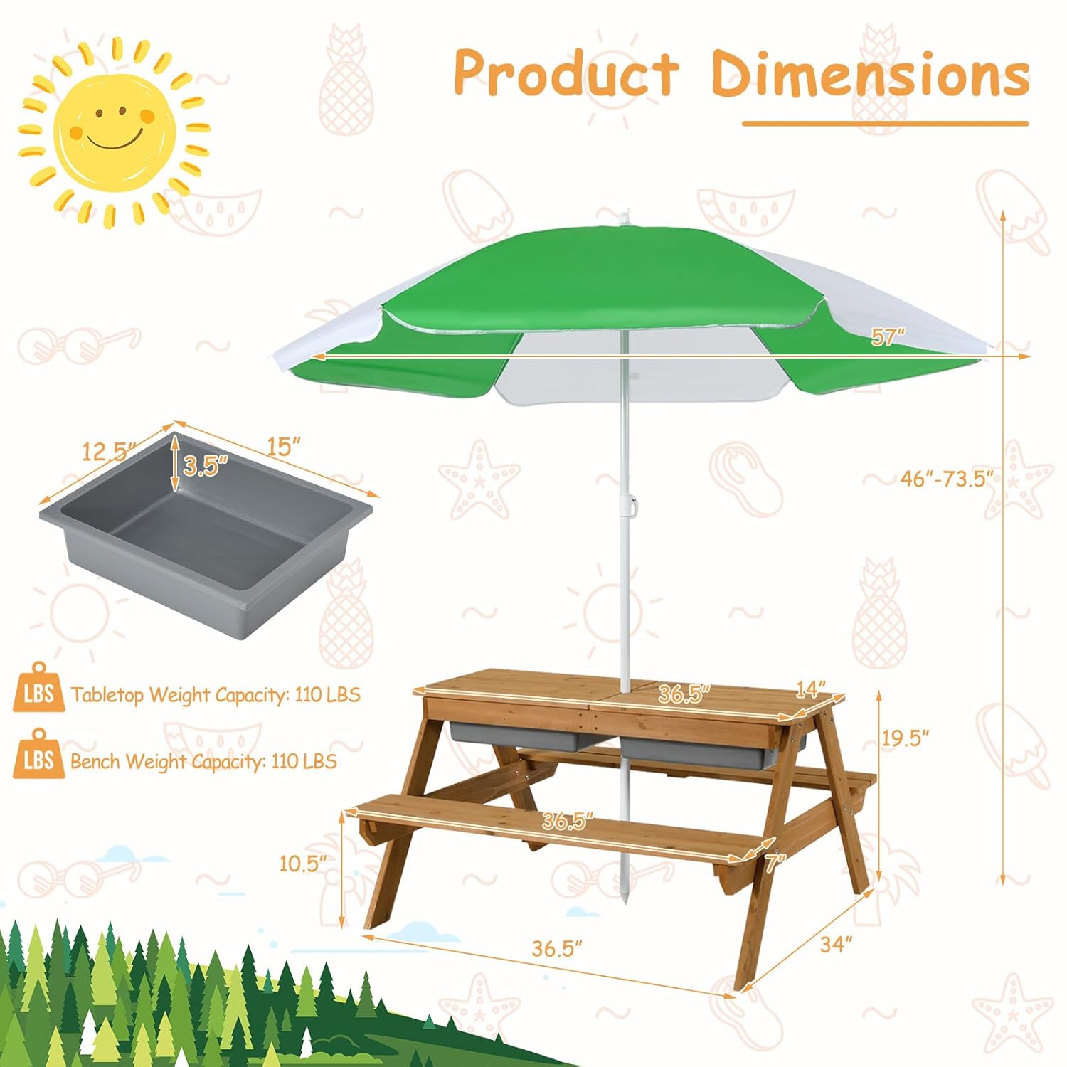 4in1 シダーキッズピクニックテーブル（砂＆水ボックス、傘 - Kids Outdoor Table With Umbrella のレビューと価格