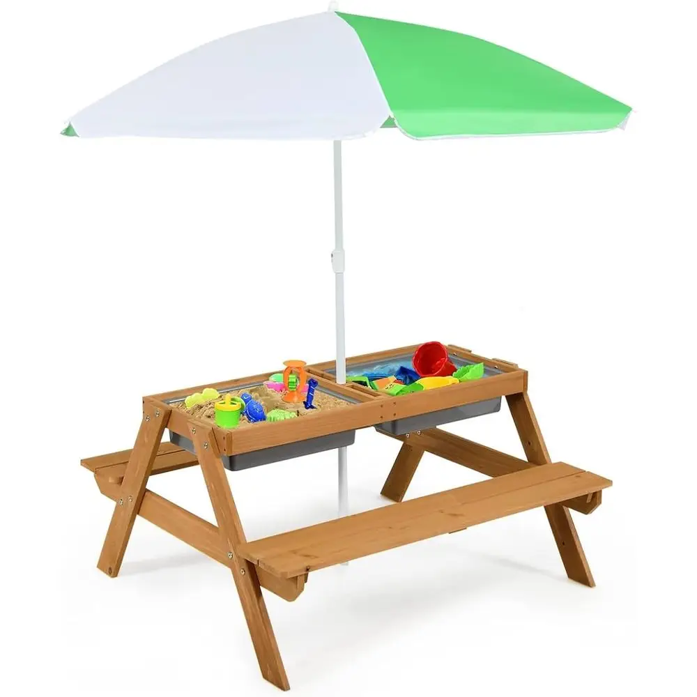 4-in-1木製砂場＆水遊びピクニックテーブル、取り外し可能 - Kids Outdoor Table With Umbrella のレビューと価格