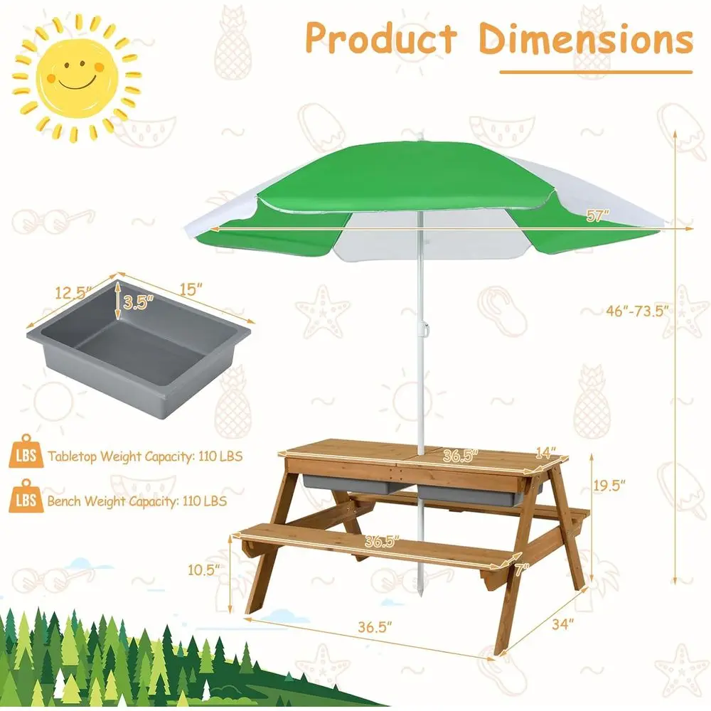 4-in-1木製砂場＆水遊びピクニックテーブル、取り外し可能 - Kids Outdoor Table With Umbrella のレビューと価格