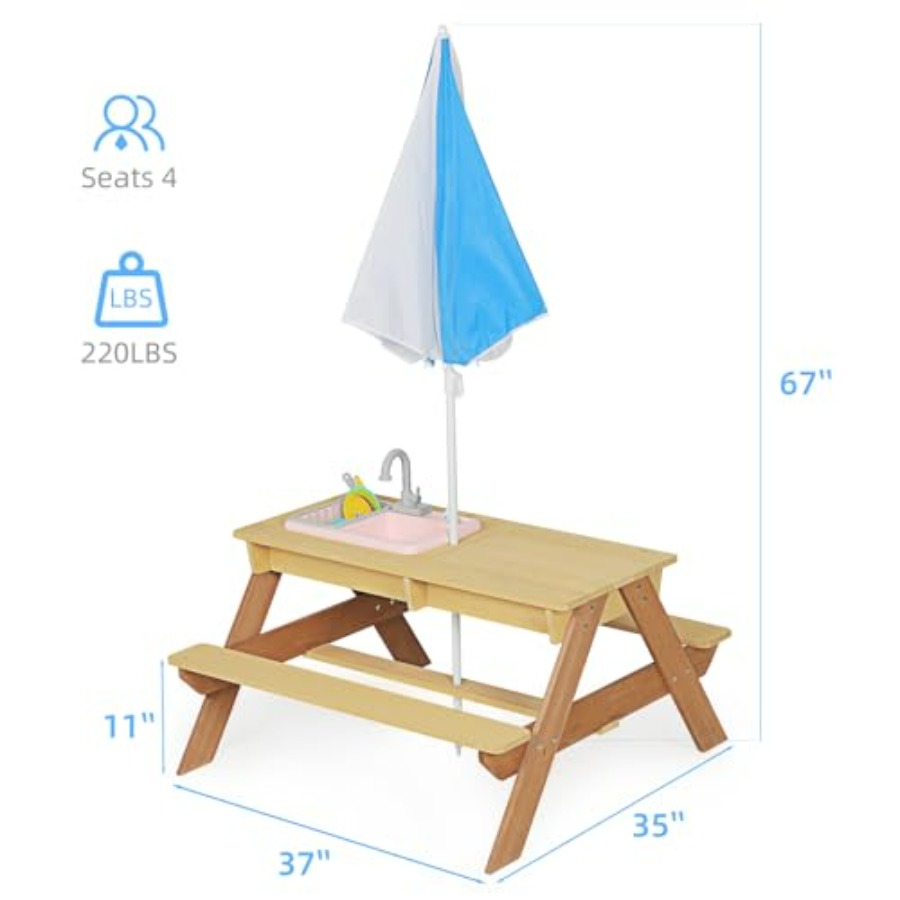 屋外用子供用ピクニックテーブル（傘付き）、木製砂場・水遊びテ - Kids Outdoor Table With Umbrella のレビューと価格