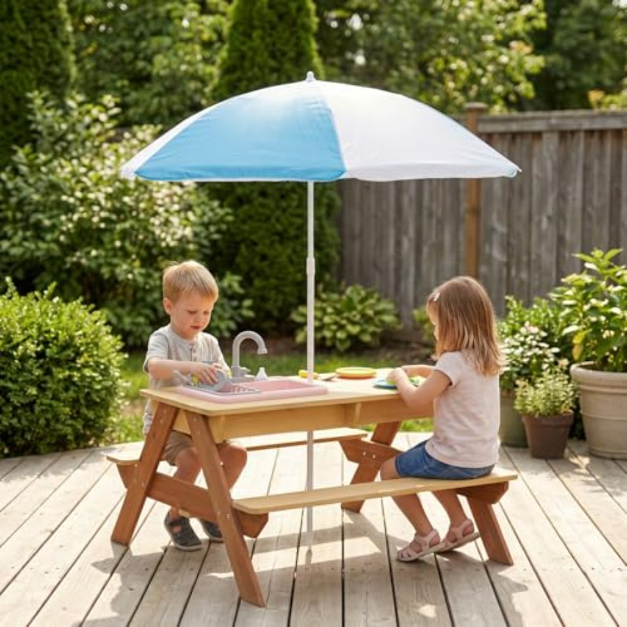 屋外用子供用ピクニックテーブル（傘付き）、木製砂場・水遊びテ - Kids Outdoor Table With Umbrella のレビューと価格