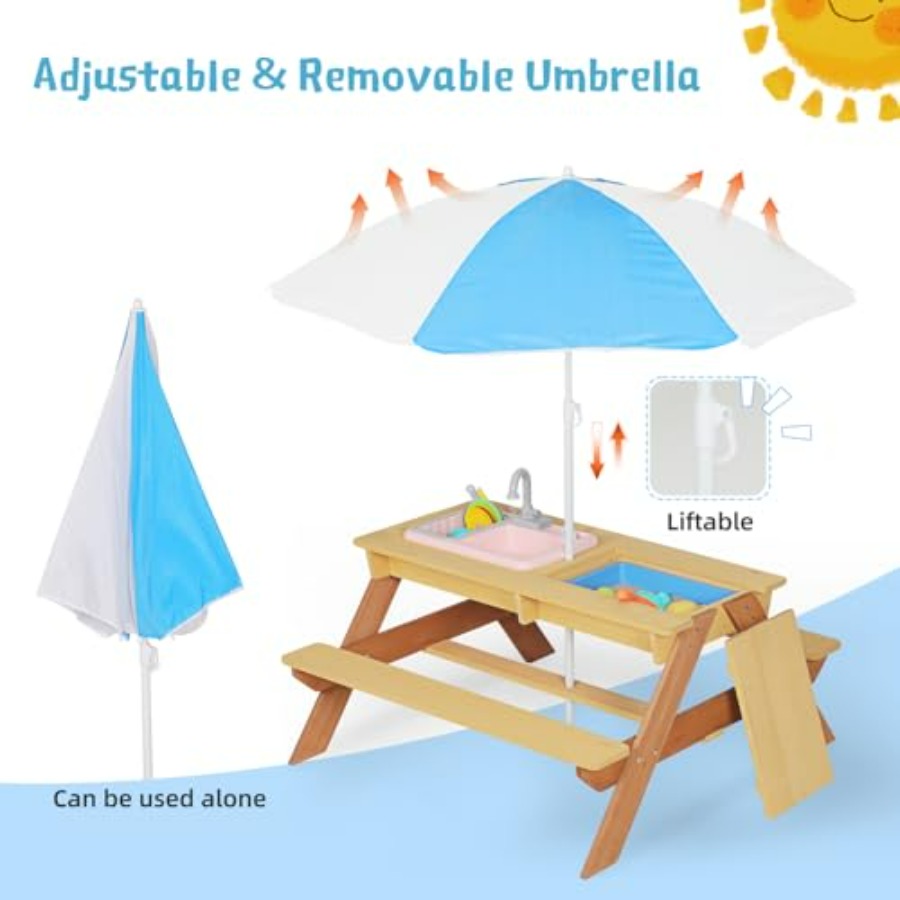 屋外用子供用ピクニックテーブル（傘付き）、木製砂場・水遊びテ - Kids Outdoor Table With Umbrella のレビューと価格