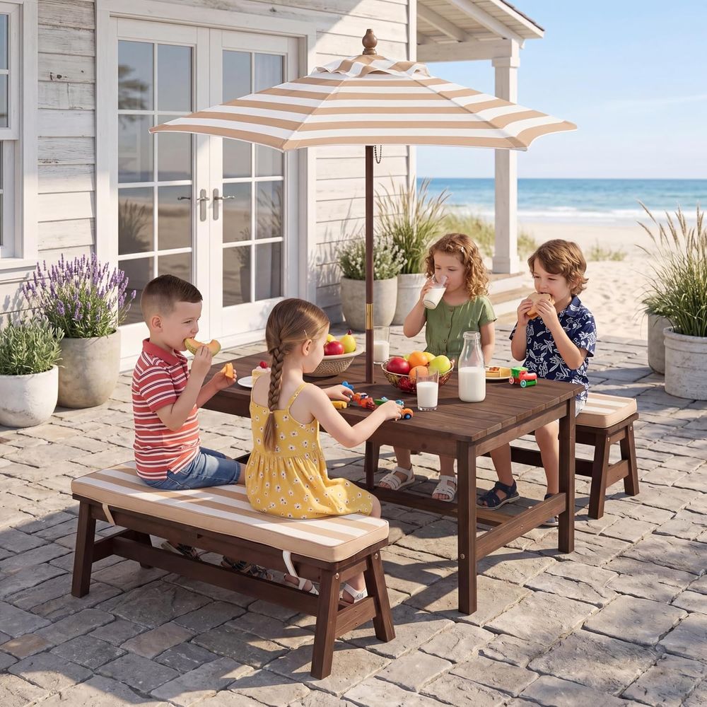 キッズピクニックテーブル、大型42インチx23インチテーブル - Kids Outdoor Table With Umbrella のレビューと価格