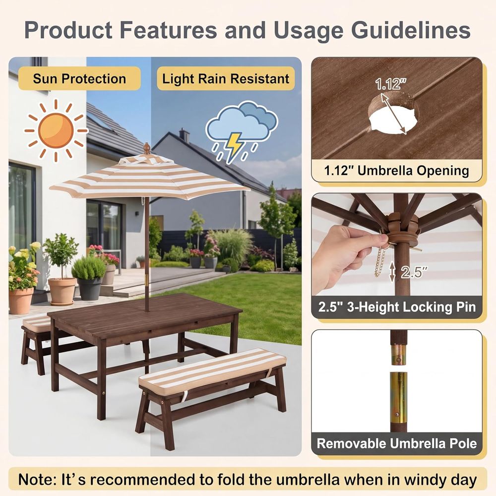 キッズピクニックテーブル、大型42インチx23インチテーブル - Kids Outdoor Table With Umbrella のレビューと価格