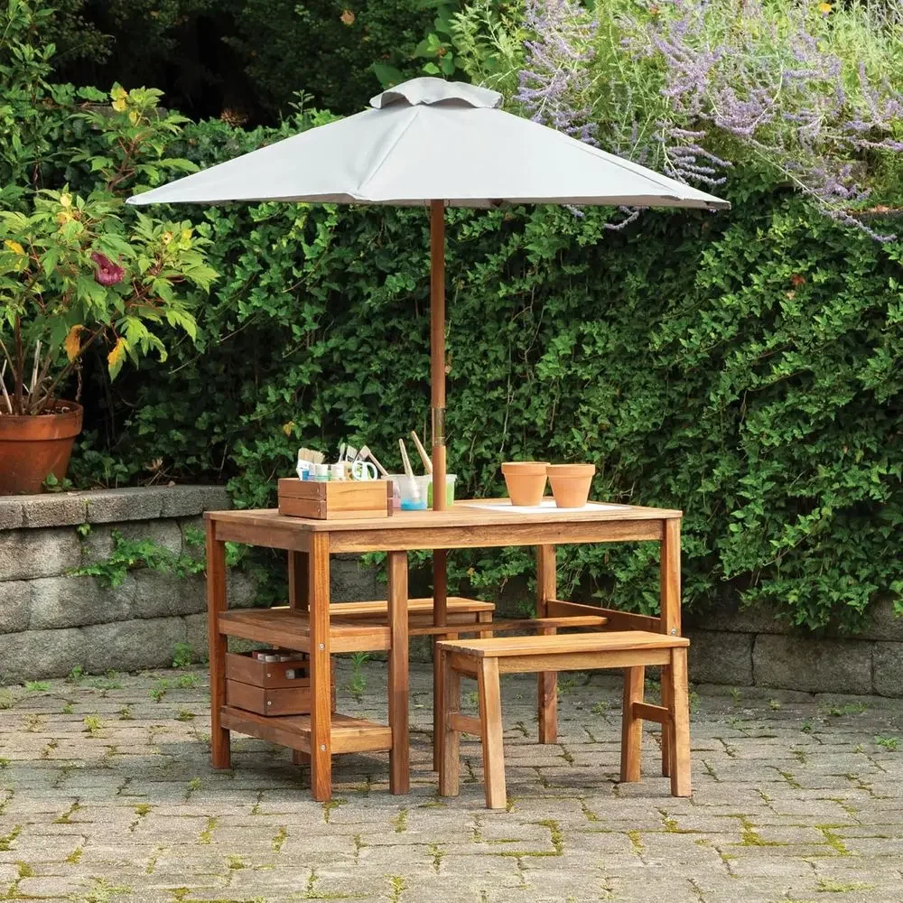 子供用屋外クレートテーブル、ベンチ＆傘セット：アカシア材製ア - Kids Outdoor Table With Umbrella のレビューと価格