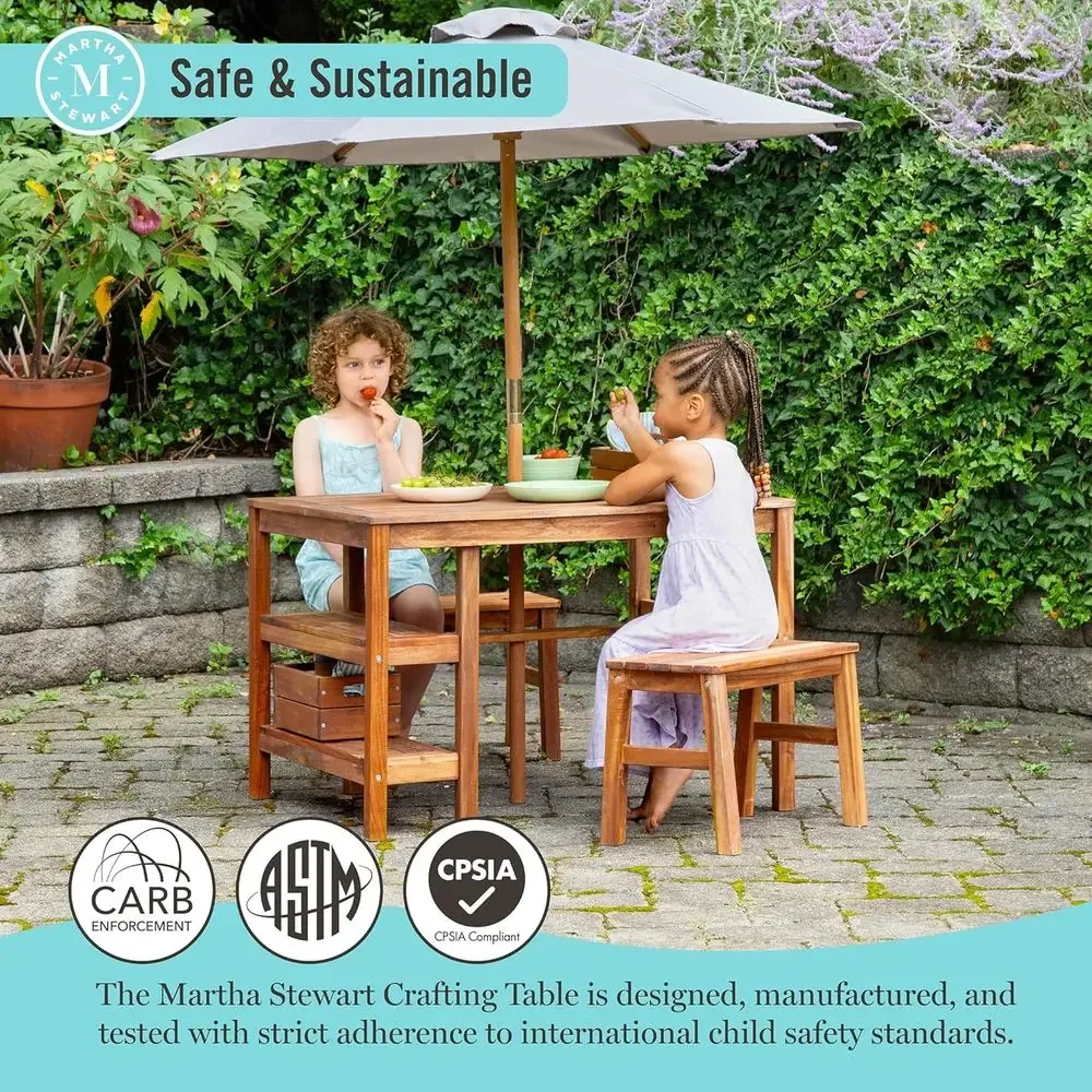 子供用屋外クレートテーブル、ベンチ＆傘セット：アカシア材製ア - Kids Outdoor Table With Umbrella のレビューと価格