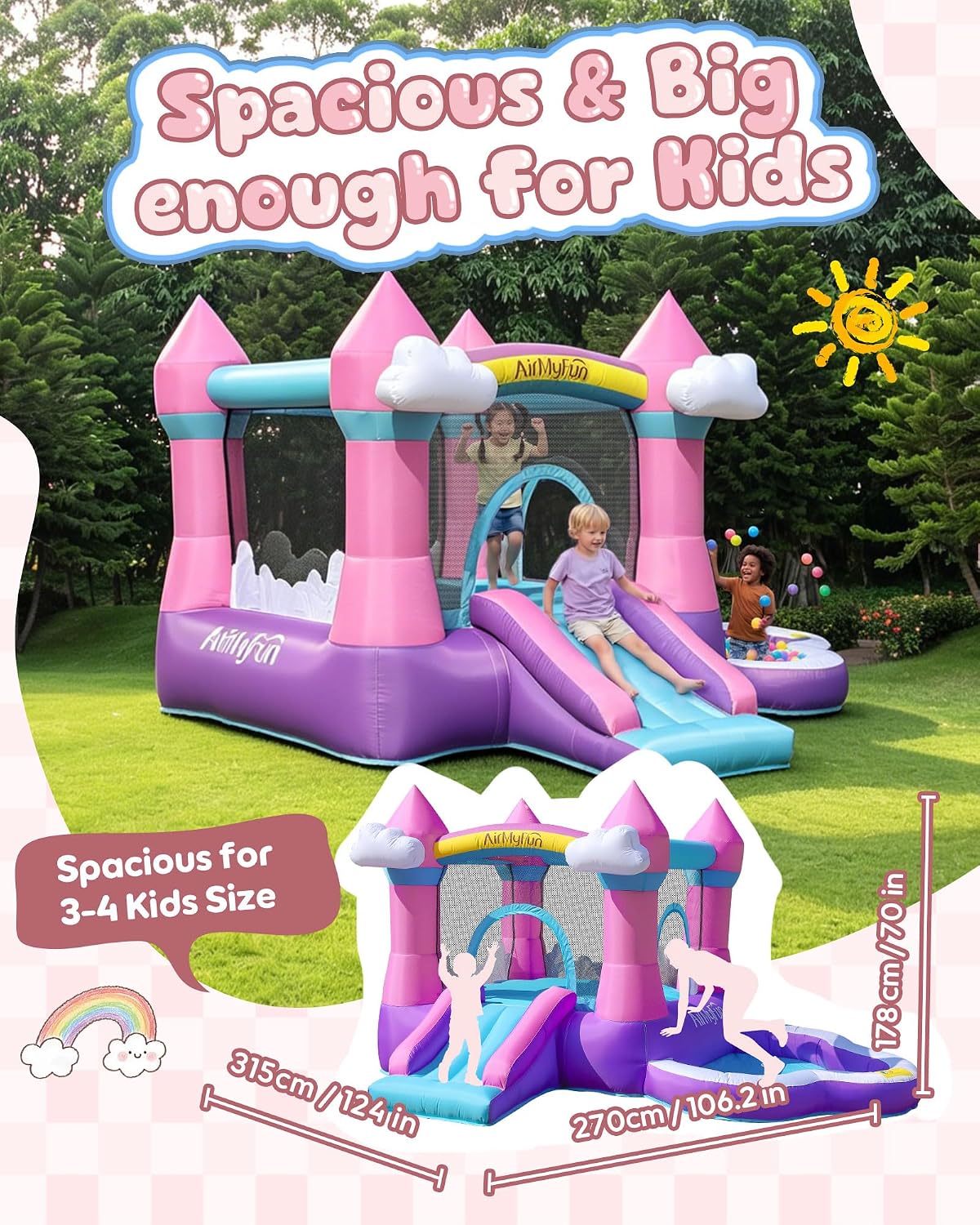 ピンクの屋内外兼用インフレータブルバウンスハウス（3～8歳向 - Kids Outdoor Pool のレビューと価格