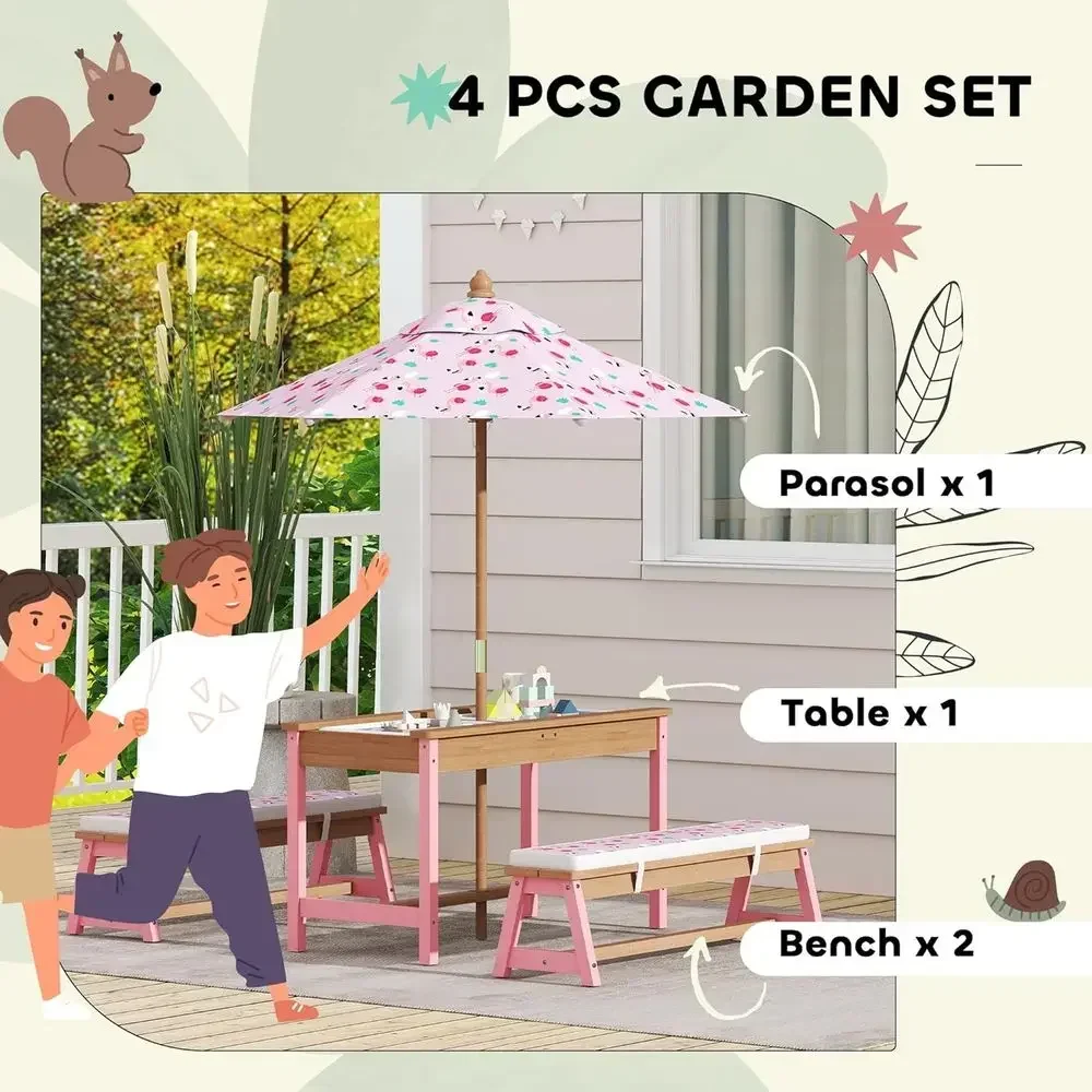 木製ピクニックテーブルセット、傘、クッション、収納ボックス付 - Kids Outdoor Table With Umbrella のレビューと価格