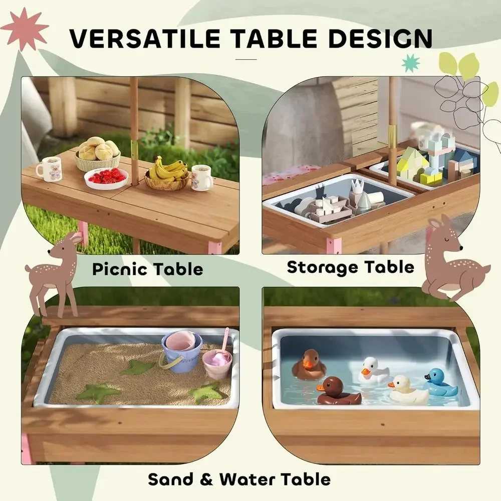 木製ピクニックテーブルセット、傘、クッション、収納ボックス付 - Kids Outdoor Table With Umbrella のレビューと価格