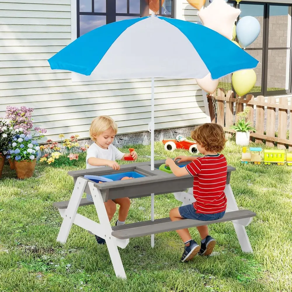 子供用3-in-1木製ピクニックテーブル、屋外砂場・水遊び用 - Kids Outdoor Table With Umbrella のレビューと価格