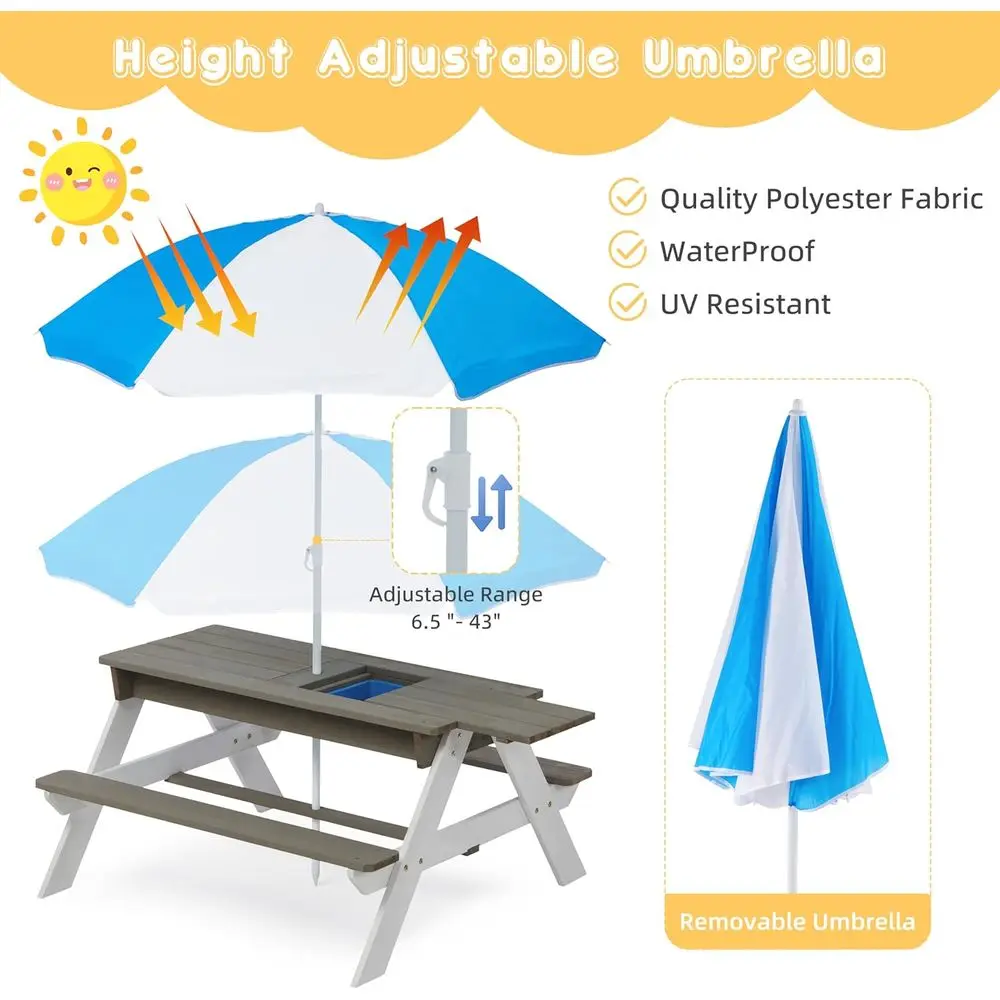 子供用3-in-1木製ピクニックテーブル、屋外砂場・水遊び用 - Kids Outdoor Table With Umbrella のレビューと価格