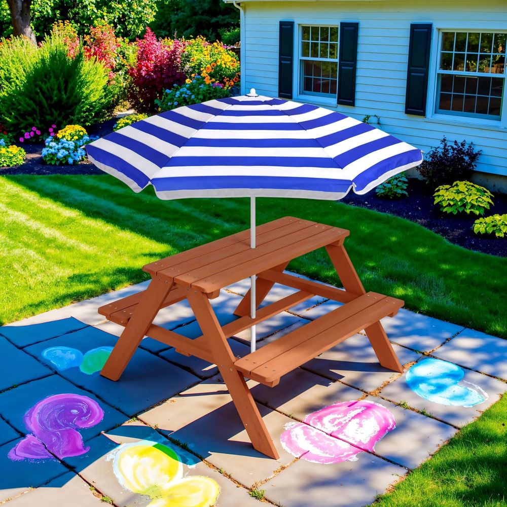 木製キッズピクニックテーブル、傘付き、屋外アクティビティテー - Kids Outdoor Bench With Umbrella のレビューと価格