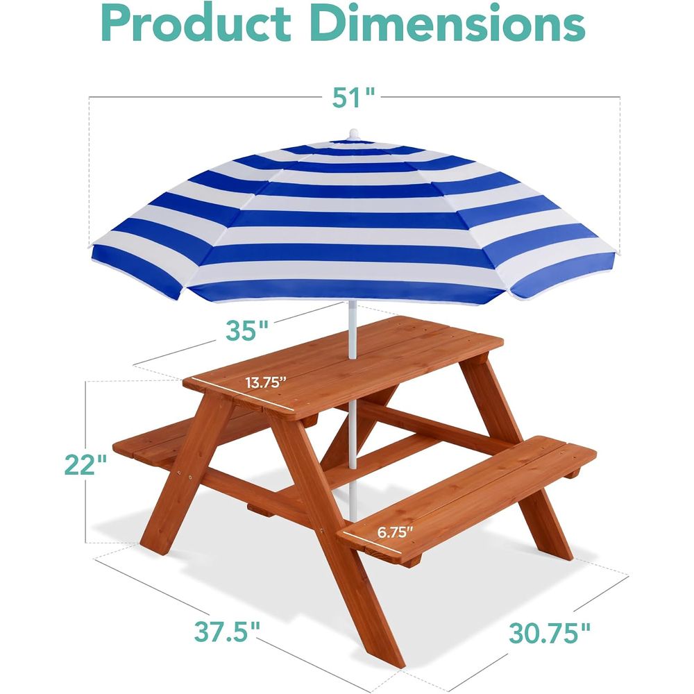 木製キッズピクニックテーブル、傘付き、屋外アクティビティテー - Kids Outdoor Bench With Umbrella のレビューと価格