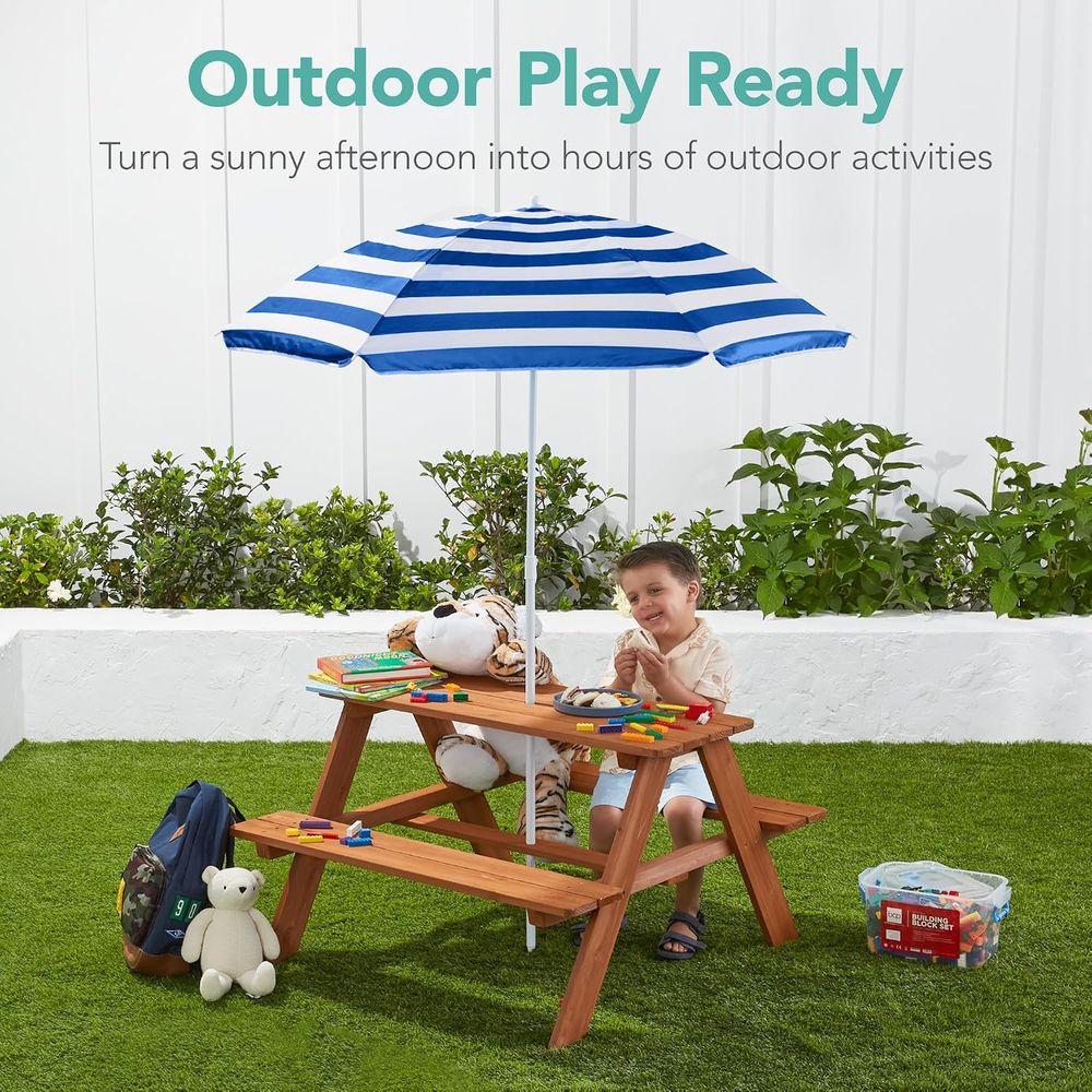 木製キッズピクニックテーブル、傘付き、屋外アクティビティテー - Kids Outdoor Bench With Umbrella のレビューと価格