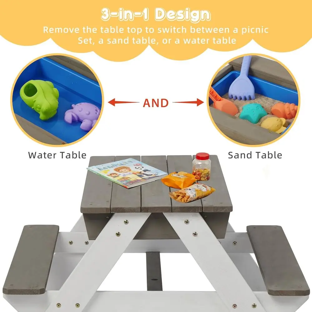 子供用3-in-1木製ピクニックテーブル、屋外砂場・水遊び用 - Kids Outdoor Table With Umbrella のレビューと価格